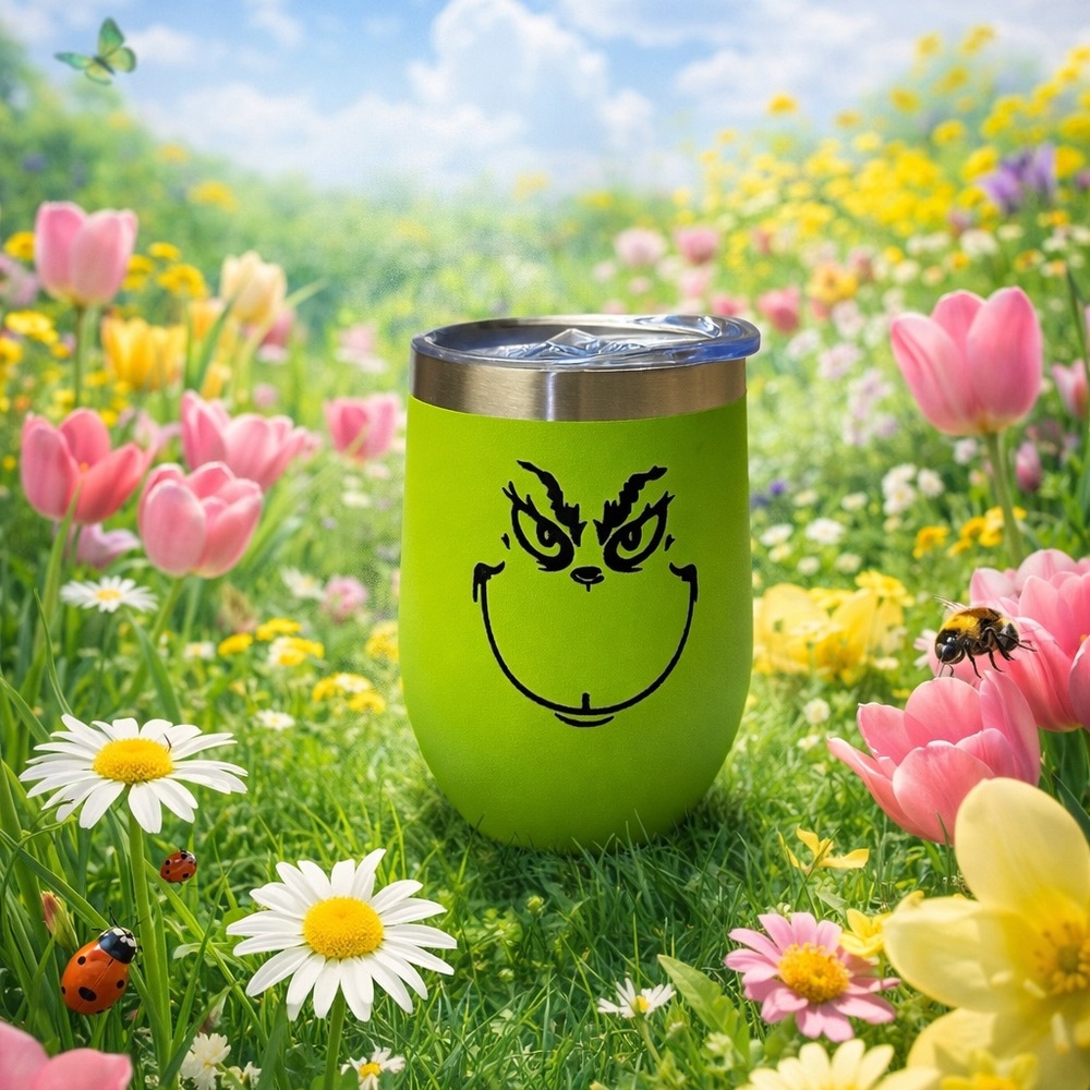 Grinch Face Tumbler - Stainless Lid wine coffee 12 oz